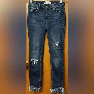 Free People Jeans Womens 26 Blue Skinny Ankle Distressed Chewed Hem Frayed Denim